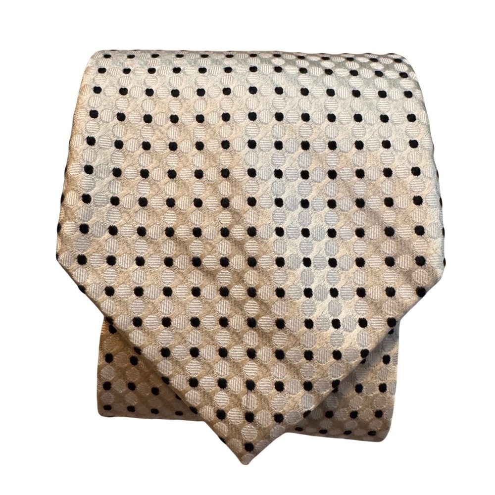 Mens Champagne Silver Black Geometric Polka Dot 100% Silk Handmade Necktie Tie